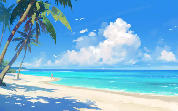 A serene HD desktop wallpaper featuring palm trees swaying over a sandy beach, with a vivid blue ocean and fluffy clouds in the background, capturing a tranquil coastal vibe.