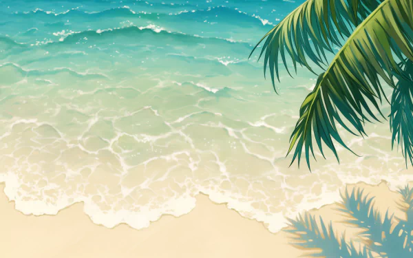 A serene HD desktop wallpaper featuring a sandy beach with gentle waves lapping at the shore and a lush palm tree casting a delicate shadow.