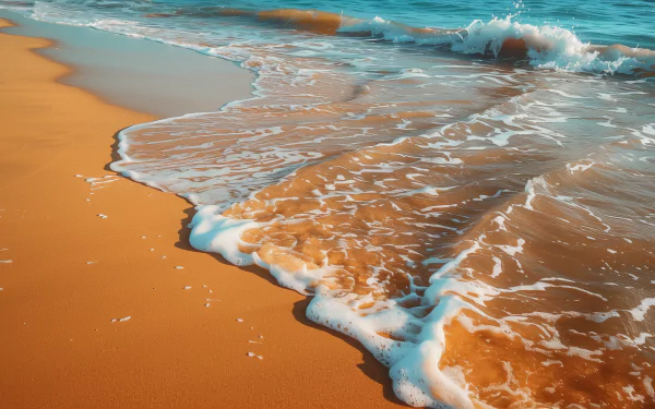 A serene sandy beach with gentle ocean waves lapping at the shore, creating a calming atmosphere. This HD desktop wallpaper captures the beauty of nature.