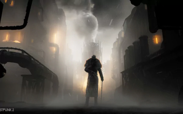 A dramatic HD wallpaper featuring a silhouetted figure standing in a foggy, industrial landscape from the video game Frostpunk 2, evoking a sense of mystery and tension.