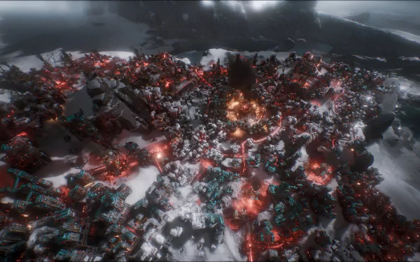 HD desktop wallpaper featuring a dramatic landscape from Frostpunk 2, showcasing a chaotic blend of glowing structures in a snowy environment.