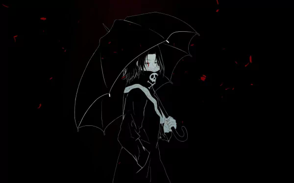 HD anime desktop wallpaper featuring Feitan Portor from Hunter x Hunter, shown holding an umbrella against a dark background with red accents.