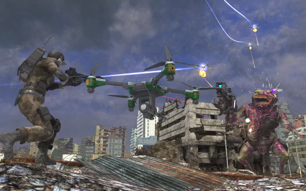 HD desktop wallpaper from Earth Defense Force 6 featuring a soldier battling a giant creature, while drones and debris fill the chaotic urban environment.