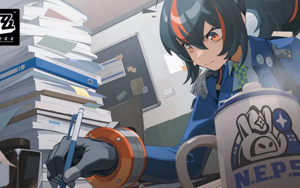 HD wallpaper featuring Zhu Yuan from the video game Zenless Zone Zero, focused on writing amidst a cluttered desk filled with books and papers.