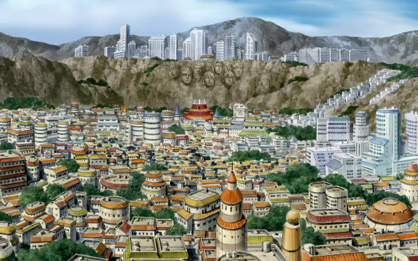 A vibrant HD desktop wallpaper featuring the village of Konohagakure from the anime Naruto, showcasing a bustling cityscape with mountains and distinctive architecture.