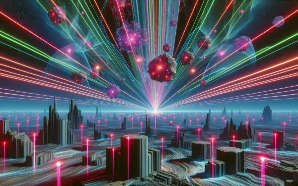 A vibrant HD desktop wallpaper featuring a futuristic landscape illuminated by colorful laser beams, creating a dynamic and mesmerizing visual experience.