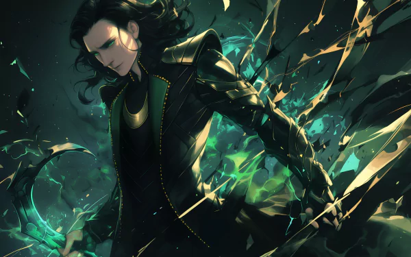 HD wallpaper featuring Loki from Marvel Comics, depicted with dark, flowing hair and a striking black and green costume amid a backdrop of dynamic shards and energy.