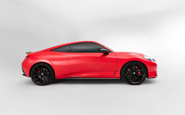 A striking red Honda Prelude showcased in a sleek profile view, set against a minimalist background, designed as a 4K Ultra HD PC desktop wallpaper.