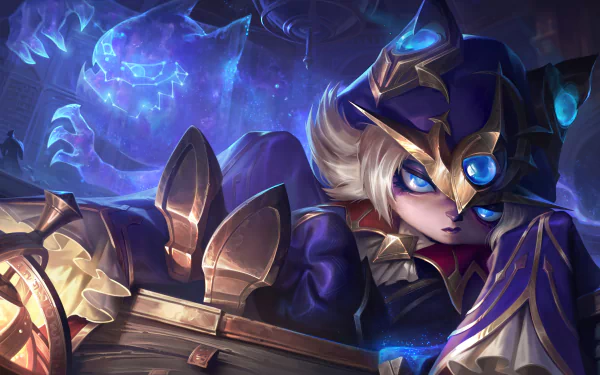 HD desktop wallpaper featuring Vex from League of Legends, showcasing her fierce expression and magical elements in a vibrant, mystical background.