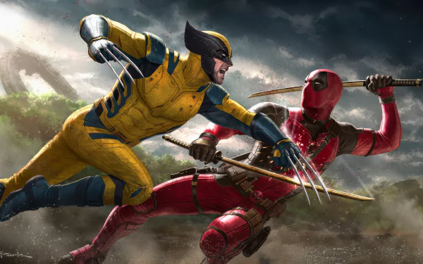 A dynamic 4K Ultra HD wallpaper featuring Deadpool and Wolverine engaged in an intense battle, showcasing their iconic costumes and vibrant colors against a dramatic background.