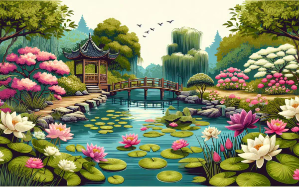 A serene water garden featuring lush greenery and tranquil water elements, designed as an HD desktop wallpaper and background. Enjoy this peaceful natural setting.