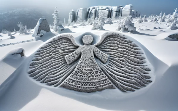 A captivating snow angel rests on a pristine winter landscape, surrounded by snowy trees and rocky outcrops, creating an enchanting HD desktop wallpaper background.