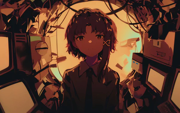 HD desktop wallpaper featuring Lain Iwakura from the anime Serial Experiments Lain. The artwork captures the series' unique aesthetic and atmosphere.