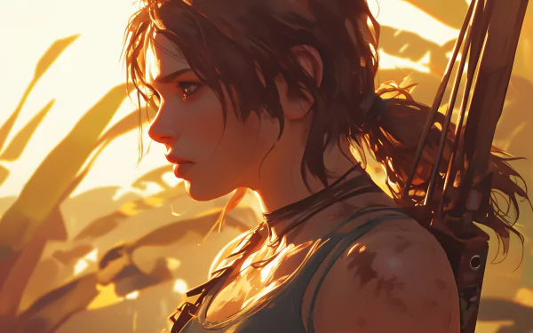 HD wallpaper featuring Lara Croft from Tomb Raider, showcasing her profile against a vibrant sunset with lush foliage, highlighting her adventurous spirit.
