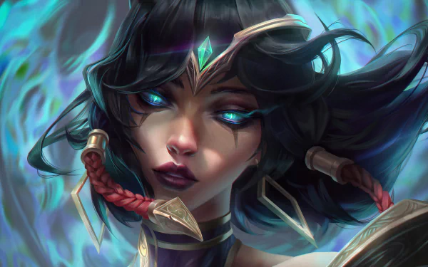 A stunning HD wallpaper featuring Karma from League of Legends, showcasing her captivating features and mystical energy against a vibrant, ethereal background.