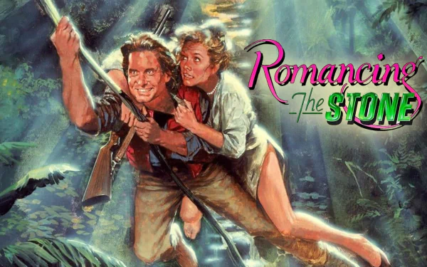 Romancing the Stone HD PC desktop wallpaper: painted jungle scene of a man and woman swinging on a vine, man with rifle, film logo at top right.