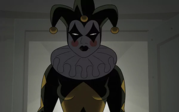 A striking HD background featuring a character from Batman: Caped Crusader, showcasing a mysterious figure in a jester-inspired costume with dramatic lighting.