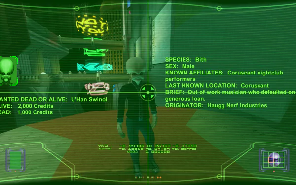 A high-definition wallpaper from the video game Star Wars: Bounty Hunter, featuring a Bith character with mission details overlayed in a green targeting interface.