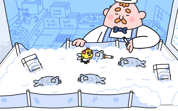 HD desktop wallpaper featuring artwork from the video game Thank Goodness You’re Here!. A vibrant and engaging background that enhances your gaming experience.