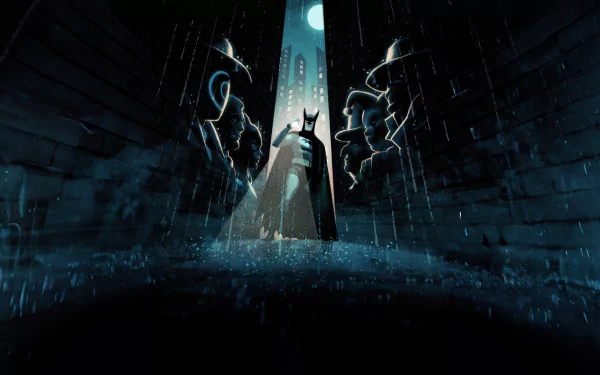 Batman stands in a dark, rain-soaked alley beneath glowing Gotham skyscrapers in this 4K Ultra HD PC desktop wallpaper from Batman: Caped Crusader.