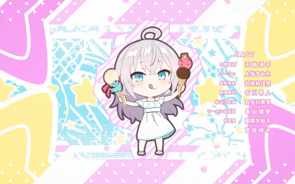 Chibi Alisa Mikhailovna Kujou from Alya Sometimes Hides Her Feelings in a colorful, pastel 4K Ultra HD PC desktop wallpaper with ice cream cones and Russian text.
