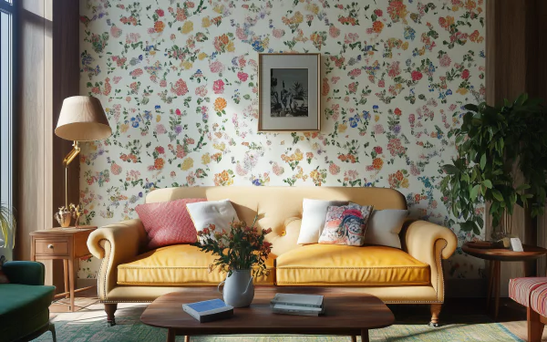A stylish preppy interior featuring a cozy couch, creating a welcoming atmosphere. This HD desktop wallpaper adds a touch of sophistication to any room.
