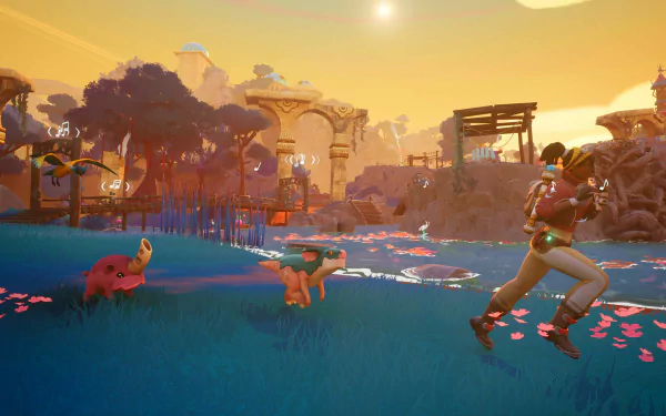 A vibrant HD wallpaper from the video game Creatures of Ava, featuring a character running through a lush landscape with colorful creatures under a warm sunset.