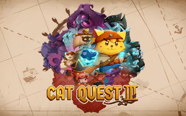 A vibrant HD desktop wallpaper featuring scenes from the video game Cat Quest III, showcasing its charming animals and adventurous landscapes.