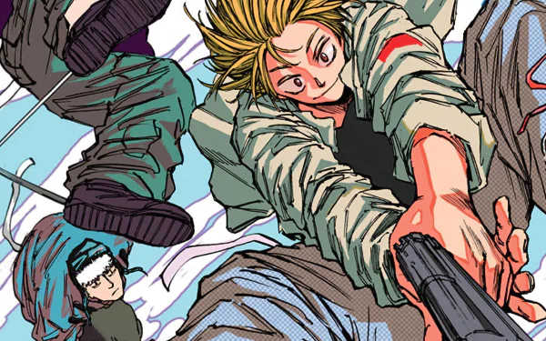 HD desktop wallpaper featuring characters from the anime and manga Sakamoto Days, highlighting Shin Asakura in an engaging and vibrant style.