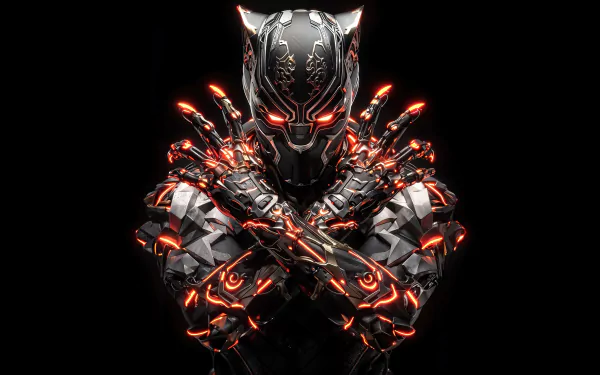 A striking HD wallpaper featuring Black Panther from Marvel Comics, showcasing the superhero in a dynamic pose with an intricately designed, glowing suit that highlights his powerful presence.