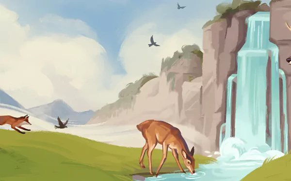 A serene HD desktop wallpaper featuring a deer drinking from a stream, with foxes playing nearby and a waterfall cascading down rocky cliffs, evoking a sense of nature and preservation in a video game setting.