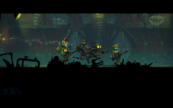 HD desktop wallpaper featuring artwork from SteamWorld Heist II, showcasing vibrant graphics and dynamic characters from the iconic video game series.