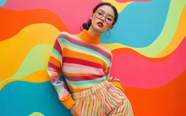 A woman showcases fall fashion in a vibrant striped sweater and pants against a colorful wave-patterned background, serving as a stylish HD desktop wallpaper.