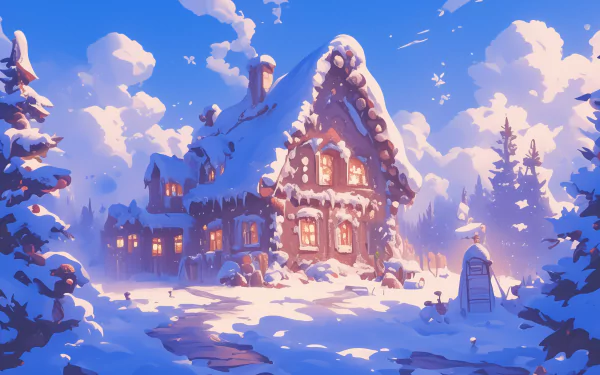 A cozy gingerbread house nestles in a snowy winter landscape, illuminated by warm lights, surrounded by tall evergreen trees against a vibrant blue sky. HD desktop wallpaper.