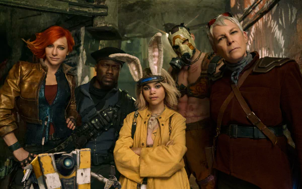 A vibrant HD wallpaper featuring characters from the movie Borderlands (2024). The ensemble showcases a mix of unique costumes and expressions against an adventurous backdrop.