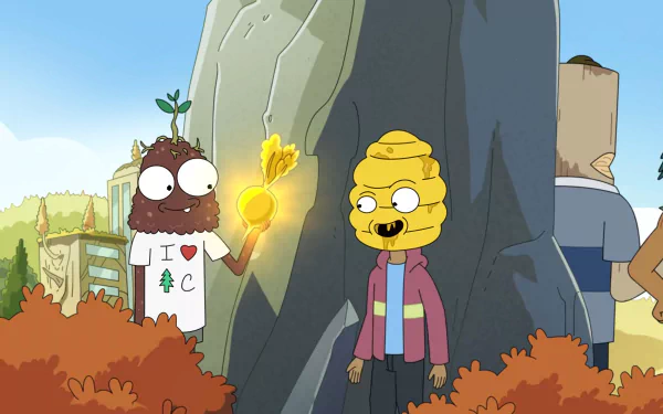 Colorful HD wallpaper from the TV show Solar Opposites, featuring quirky characters interacting in a vibrant landscape with a golden artifact.