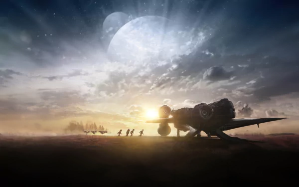 Star Wars: Skeleton Crew 4K Ultra HD wallpaper featuring a silhouetted spaceship and crew against a dramatic sunset and moonlit sky on a PC desktop background.
