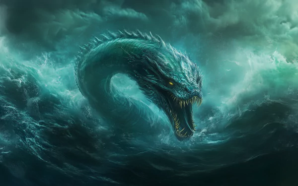 A dramatic fantasy scene featuring a fierce sea serpent emerging from turbulent waves, set against a moody, stormy sky. This HD image serves as an impressive desktop wallpaper.