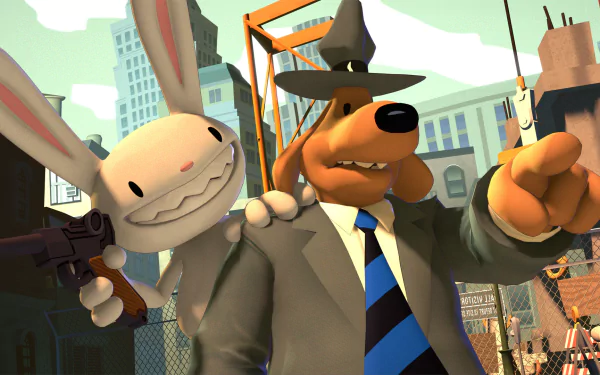 HD desktop wallpaper featuring characters and scenes from the video game Sam & Max: The Devil's Playhouse, showcasing the game's unique art style and humor.