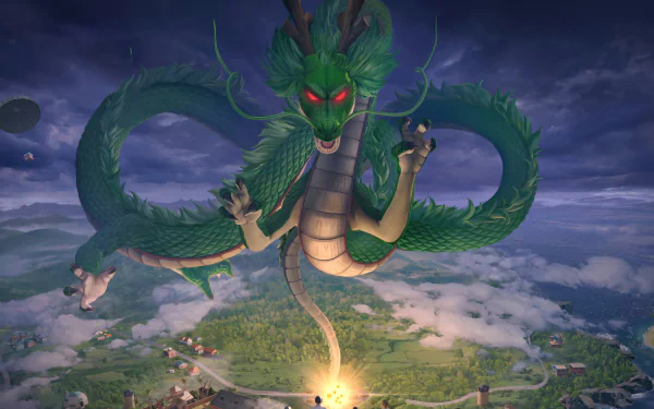 An HD desktop wallpaper showcasing elements from the video game Playerunknown's Battlegrounds, featuring Shenron from Dragon Ball, merging gaming and anime aesthetics.