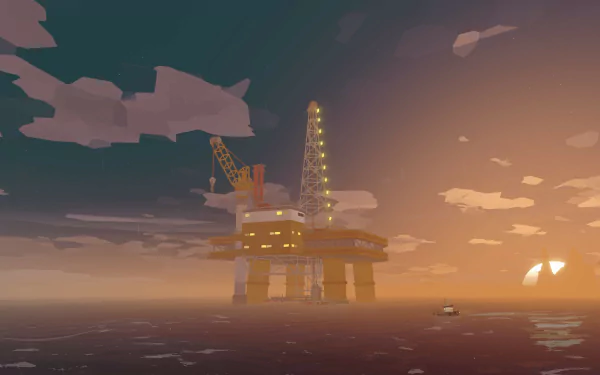 A stunning HD desktop wallpaper featuring the Iron Rig from the video game Dredge, showcasing an oil rig silhouetted against a colorful sunset over the ocean.