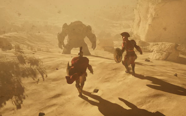 A dramatic HD wallpaper from the video game Dawn of Defiance, showcasing a warrior and a shield-bearer confronting a colossal creature in a dusty, desolate landscape.