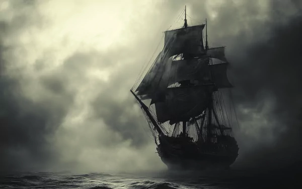 A mysterious phantom ship drifts through a foggy sea, adding an air of intrigue and adventure. This captivating image serves as a stunning HD desktop wallpaper and background.