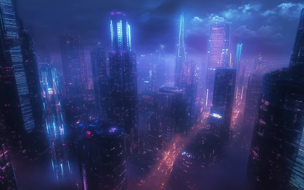 A stunning HD wallpaper featuring a futuristic cityscape, illuminated with vibrant neon lights and shrouded in atmospheric mist, captures the essence of sci-fi landscapes.