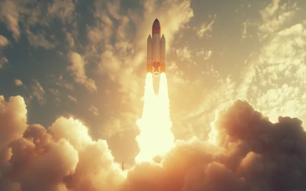 A stunning HD desktop wallpaper featuring a rocket launch, soaring through vibrant clouds and illuminating the sky with powerful flames and bright colors.