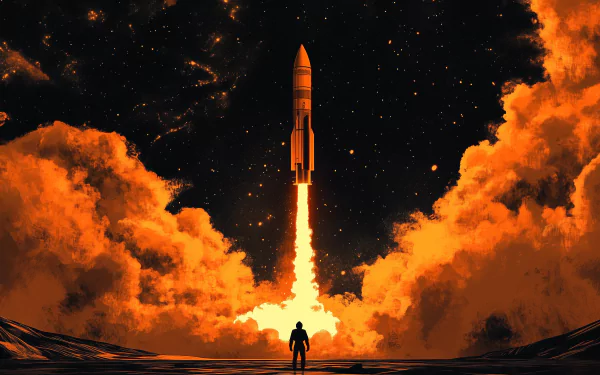 A powerful rocket launches into a starry sky, surrounded by vibrant orange clouds, creating a stunning HD desktop wallpaper and background that captures the thrill of space exploration.
