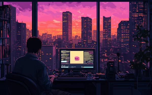 A vibrant pixel art scene depicts a person at a computer, illuminated by a colorful sunset over a city skyline. This HD wallpaper enhances any desktop with a lofi aesthetic.