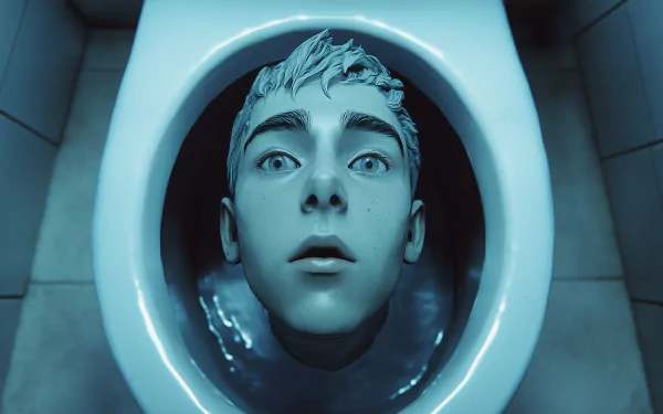 A surreal HD desktop wallpaper featuring a sculpted head emerging from a toilet, embodying the unique aesthetic of skibidi toilet culture.