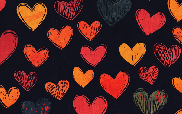 A vibrant heart pattern in shades of red, orange, and black against a dark background, designed as a high-definition desktop wallpaper.