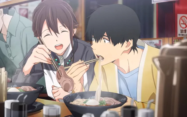A vibrant HD desktop wallpaper featuring Haruki Shiga and Sakura Yamauchi from I Want To Eat Your Pancreas, enjoying a meal together with bowls of ramen in a cozy setting.